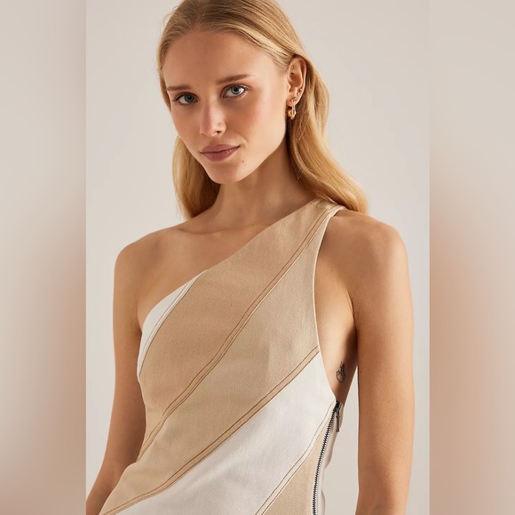 Significant Other Saskia One-Shoulder Mini Dress in Beige & White Size 4 NWT - Picture 4 of 8